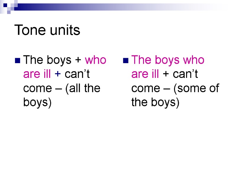 Tone units The boys + who are ill + can’t come – (all the